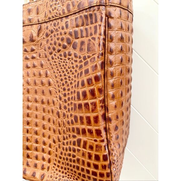 Eric Brand Brown Alligator Embossed Large Travel Tote Work Bag Bamboo Handle - Picture 3 of 12